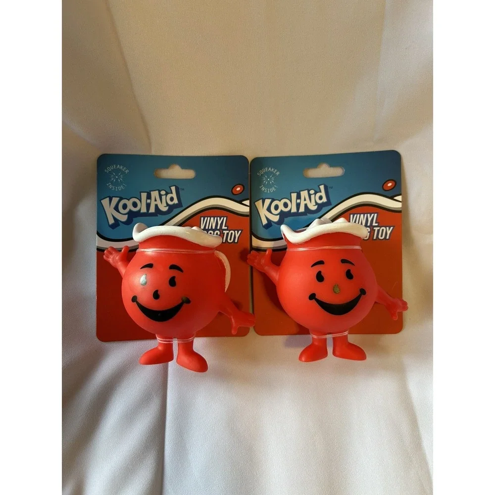 New Set of 2 Hey Kool-Aid! Red Kool-Aid Man Vinyl Dog Toys with Squeaker Inside